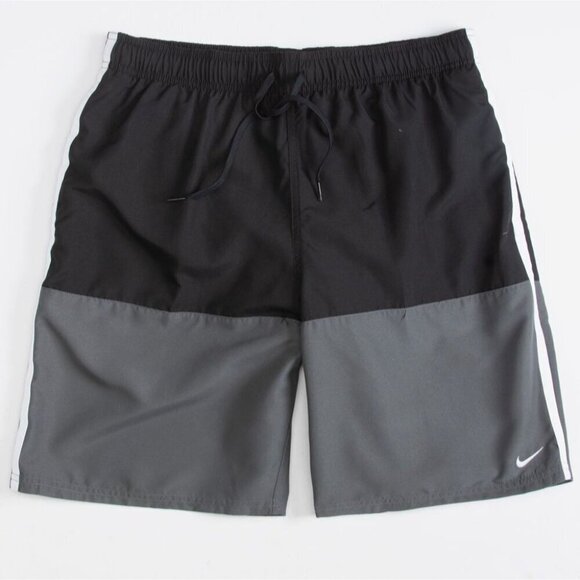 NIKE Mens Black Gray Color Block Mesh Lined Split Swim Volley Shorts NEW Small - Picture 1 of 4